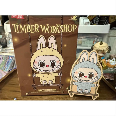 Labubu POP LAND TIMBER WORKSHOP PLAYING ON THE SWING PLUSH PENDANT Series Grey Labubu POP LAND TIMBER WORKSHOP PLAYING ON THE SWING PLUSH PENDANT Series Grey