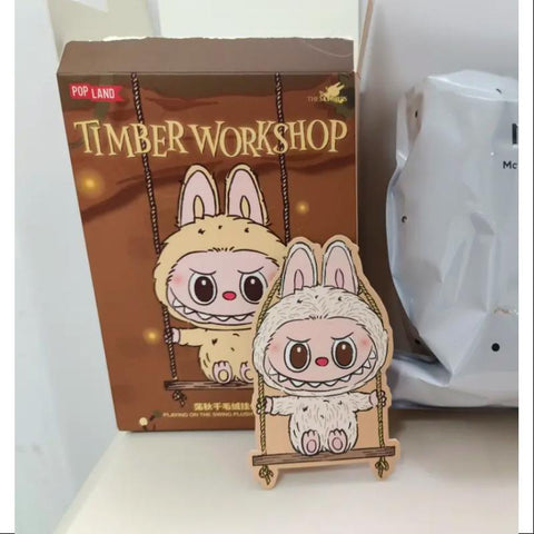 Labubu POP LAND TIMBER WORKSHOP PLAYING ON THE SWING PLUSH PENDANT Series Off White